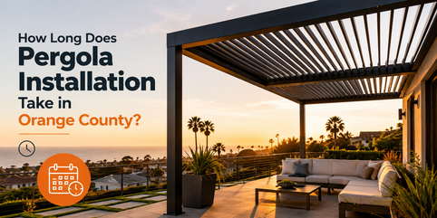 Crew installing an aluminum louvered pergola in an Orange County backyard