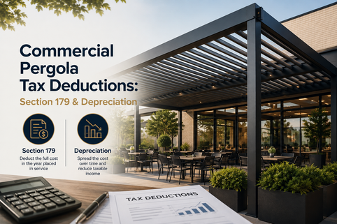 Commercial aluminum pergola over a restaurant patio, a depreciable business asset
