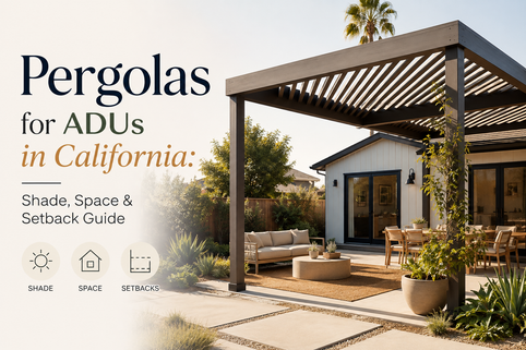 Aluminum louvered pergola shading a California ADU backyard patio