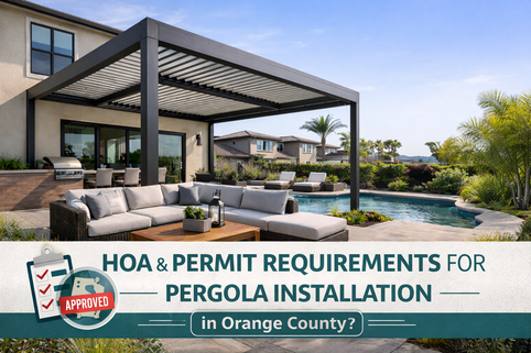 Aluminum pergola installed in an Orange County backyard, showing a modern louvered pergola design compliant with HOA and permit requirements.