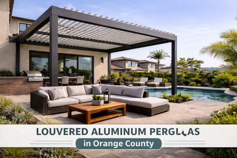 Louvered aluminum pergola installed in an Orange County backyard, showing adjustable pergola slats for modern shade and airflow control.