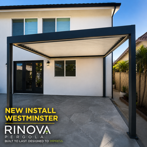 Aluminum pergola being installed on a Southern California patio during construction