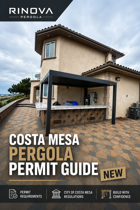 Engineered aluminum pergola structure anchored to a California patio slab