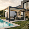 Commercial aluminum pergola shading an outdoor restaurant patio in California