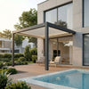 Aluminum pergola with integrated LED lighting illuminated at dusk