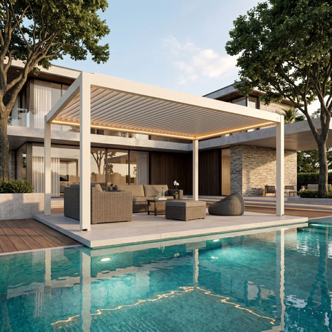 Aluminum pergola frame color options for Orange County homes in matte black and warm neutrals
