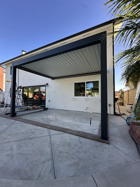 Aluminum pergola engineered for snow load in a California mountain region