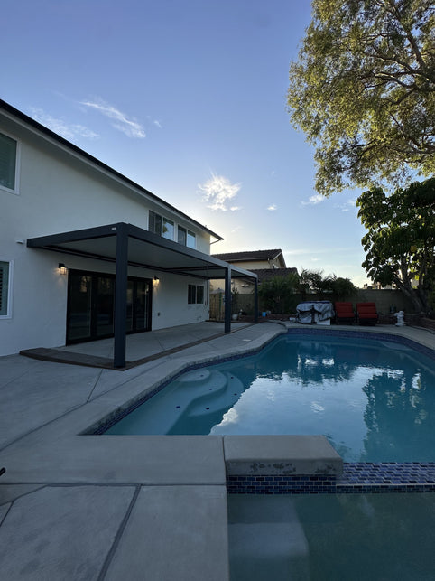 Aluminum pergola sized to cover a California patio seating area