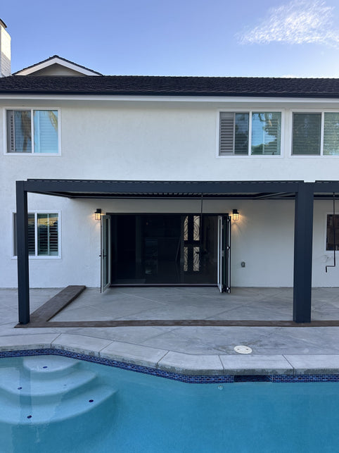 Aluminum pergola with privacy screens enclosing an Orange County backyard