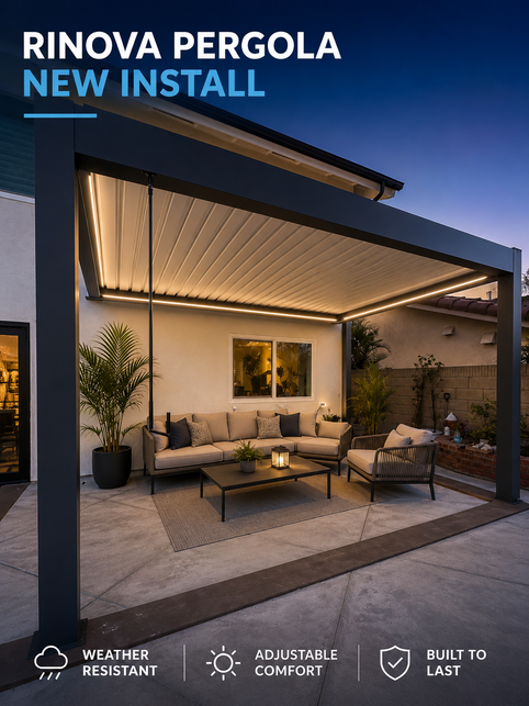 Rinova Pergola aluminum pergola installed on a Southern California backyard patio