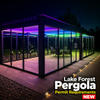 Modern black aluminum louvered pergola installed in a Foothill Ranch Lake Forest backyard with hillside view, native landscaping, and Mediterranean-style home at golden hour