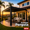 Modern black aluminum louvered pergola installed in an Anaheim Hills backyard with hillside view, palm trees, and Spanish-tile suburban home at golden hour