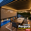 Modern black aluminum louvered pergola installed in a Fullerton Craftsman bungalow backyard with mature citrus trees, drought-tolerant landscape, and vintage 1920s home at golden hour