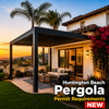 Modern black aluminum louvered pergola installed in a Huntington Beach coastal backyard with palm trees, ocean breeze, and Pacific blue sky in golden hour