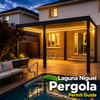 Modern black aluminum louvered pergola installed in a Laguna Niguel hillside backyard with ocean view, drought-tolerant landscape, and Spanish-tile coastal home at golden hour