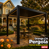 Modern black aluminum louvered pergola installed in an Old Towne Orange Victorian home backyard with rose garden, brick pathways, and vintage 1900s home at golden hour