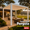 Modern black aluminum louvered pergola installed in a Yorba Linda estate backyard with mature oak trees, expansive lawn, and Spanish-style ranch home at golden hour