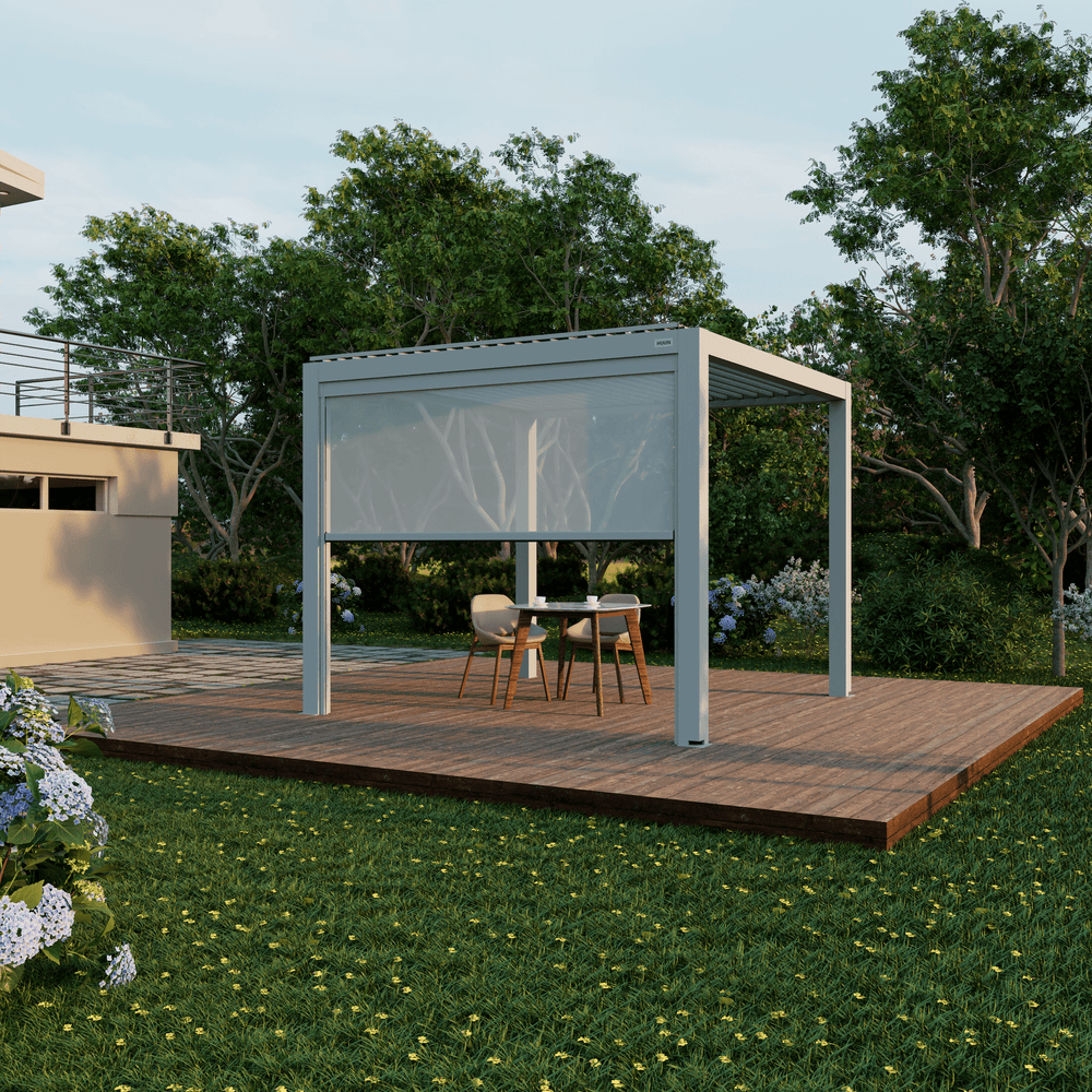 Solar-powered retractable pergola screen
