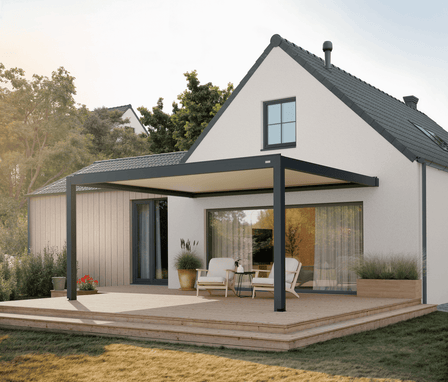 Custom aluminum louvered pergola attached to a house