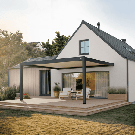 Custom aluminum louvered pergola attached to a house